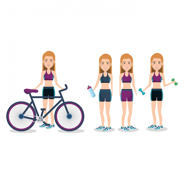 Atletas femeninas con bicicleta y levantamiento de pesas ilustración