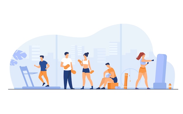 Los atletas que hacen ejercicio físico en el gimnasio con ventanas panorámicas aislaron ilustración vectorial plana. Gente de dibujos animados entrenamiento cardiovascular y levantamiento de pesas.