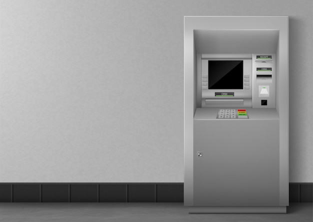 Vector gratuito atm con pantalla negra en blanco