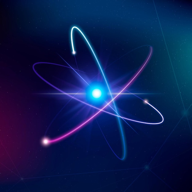 Átomo ciencia biotecnología púrpura vector gráfico de neón
