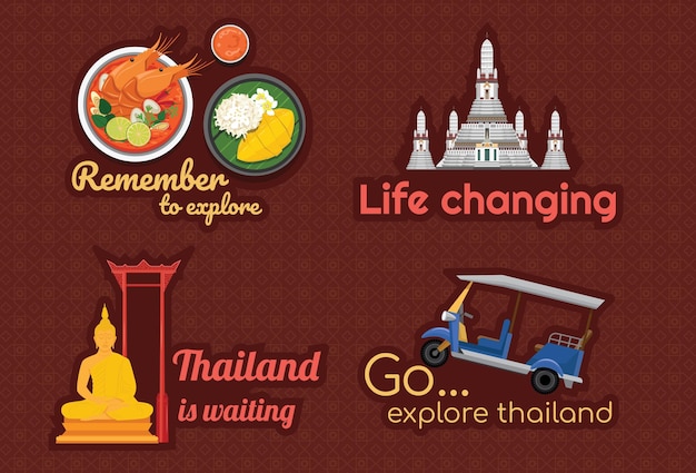 Vector gratuito atracciones turísticas, lugares famosos, viajes en tailandia y degustación de comida tailandesa en vacaciones, destinos de viaje en asia