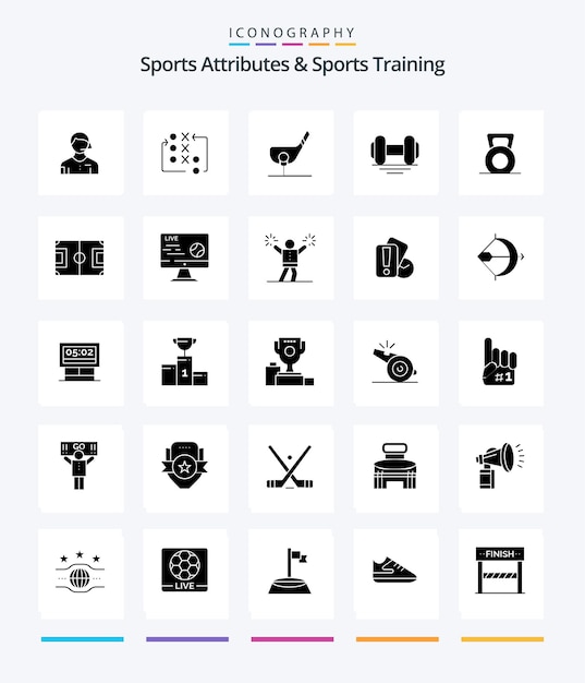 Atributos deportivos creativos y entrenamiento deportivo 25 glyph solid black icon pack como el club de tiro táctico con mancuernas de gimnasio