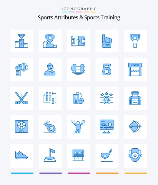 Vector gratuito atributos deportivos creativos y entrenamiento deportivo 25 paquete de íconos azules como la espuma para fanáticos de los deportes de apoyo