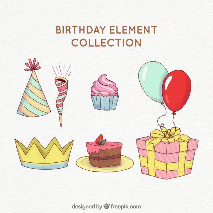 Vector gratuito atributos de la fiesta de cumpleaños en acuarela