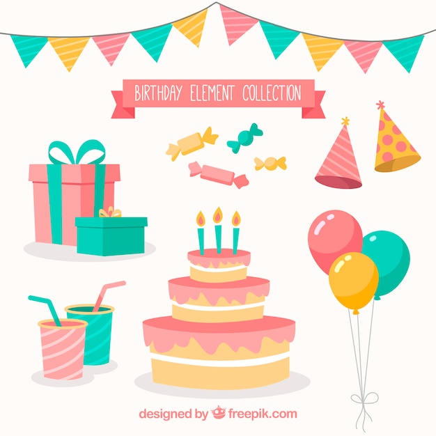 Atributos de fiesta de cumpleaños dibujados a mano