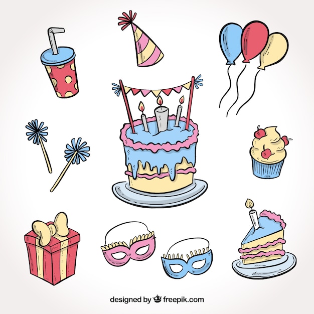 Vector gratuito atributos de fiesta de cumpleaños dibujados a mano