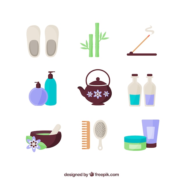 Vector gratuito atributos de spa en diseño plano