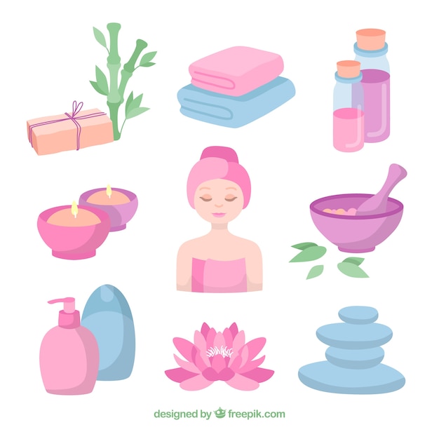 Vector gratuito atributos de spa en diseño plano