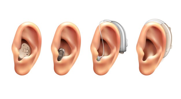 Audífono oído conjunto realista de cuatro imágenes aisladas con oídos humanos con ilustración de aparatos electrónicos colgantes