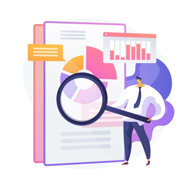 Auditoría empresarial. Personaje de dibujos animados especialista financiero con lupa. Examen de información gráfica estadística. Estadísticas, diagrama, gráfico. Ilustración de metáfora de concepto aislado de vector