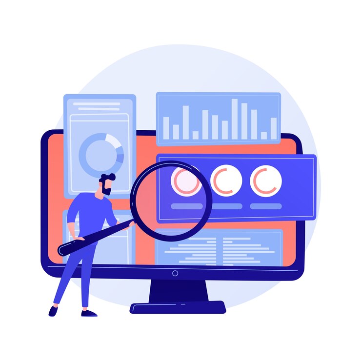 Vector gratuito auditoría empresarial. personaje de dibujos animados especialista financiero con lupa. examen de información gráfica estadística. estadísticas, diagrama, gráfico.