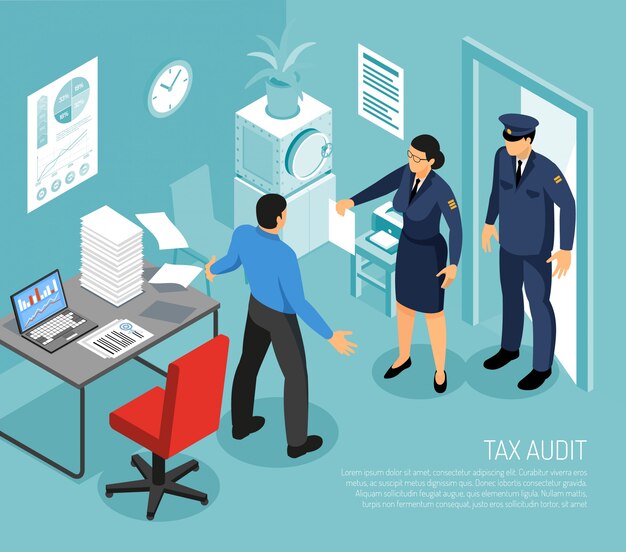 Auditoría fiscal en la oficina de negocios con los inspectores y la ilustración de vector de composición isométrica de contador de plazo de reunión fallida