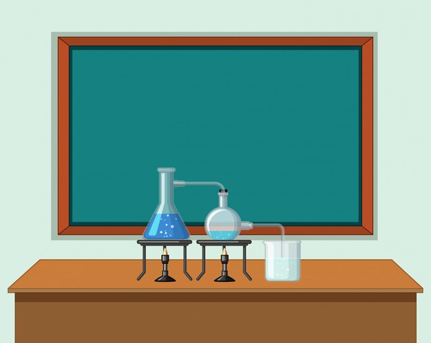 Aula de ciencias con herramientas en la mesa