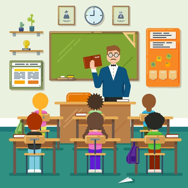 Aula escolar con escolares, alumnos y profesores. Vector ilustración plana. Educación en el aula, aula escolar, aula de lección