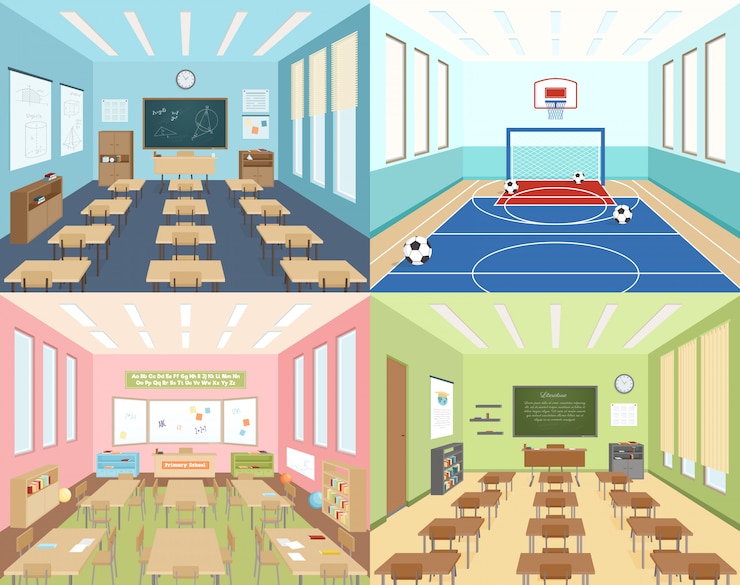 Vector gratuito aulas escolares y sala de deporte.