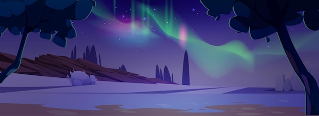 Vector gratuito aurora boreal en el cielo polar nocturno muchas estrellas sobre territorio nevado ilustración de dibujos animados vectoriales de luces del norte que brillan sobre el paisaje invernal con árboles y piedras fondo de juego de aventura