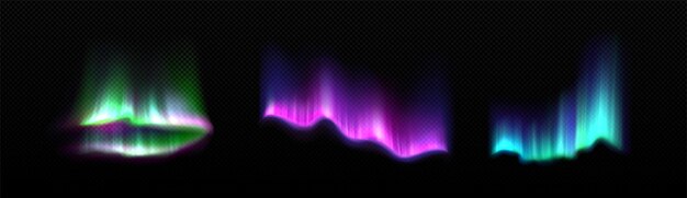 Aurora boreal colorida con efecto de brillo de neón en un fondo transparente oscuro Conjunto vectorial realista de rayas luminosas brillantes de las luces del norte en el cielo nocturno polar Fenómeno visual del Ártico