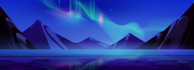 Aurora luz en el cielo montaña vista del mar fondo Ilustración nocturna del paisaje vectorial del norte con paisaje de gradiente boreal abstracto para el juego Escena de aventura polar norte oscura con lago bajo boreal