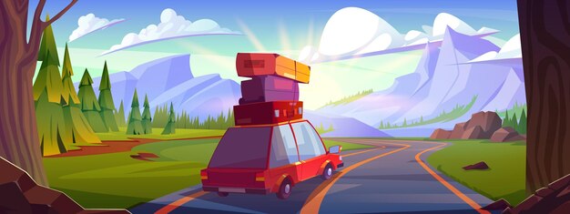 Auto con equipaje conduciendo hacia las montañas Ilustración de dibujos animados vectoriales de auto con maletas en el techo montando en la carretera árboles del bosque y hierba verde cielo soleado con nubes viaje familiar de fin de semana