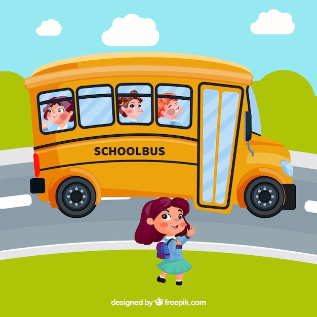Autobús escolar y estudiantes con diseño plano