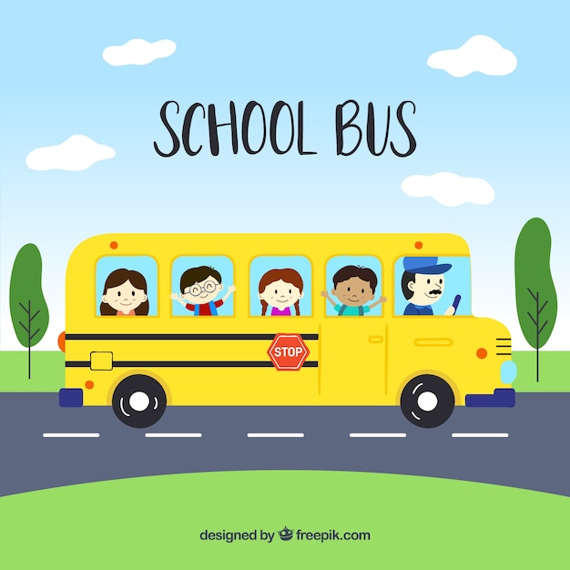Autobús escolar con niños dibujado a mano