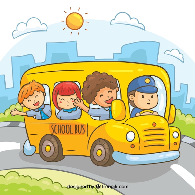 Vector gratuito autobús escolar con niños dibujado a mano