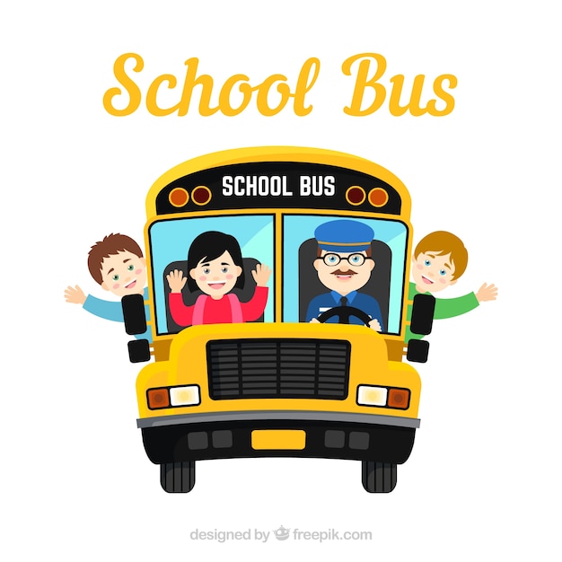 Autobús escolar y niños con diseño plano