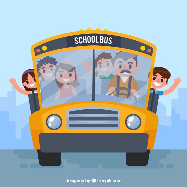 Autobús escolar y niños con diseño plano