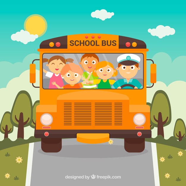 Autobús escolar y niños con diseño plano
