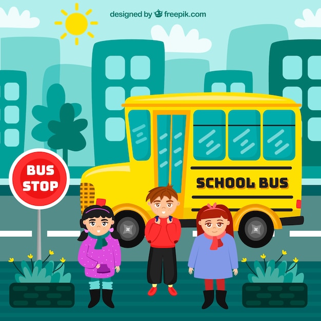 Vector gratuito autobús escolar y niños con diseño plano