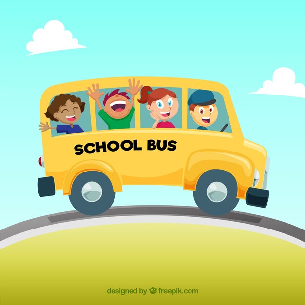 Autobús escolar con niños con estilo de dibujos animados