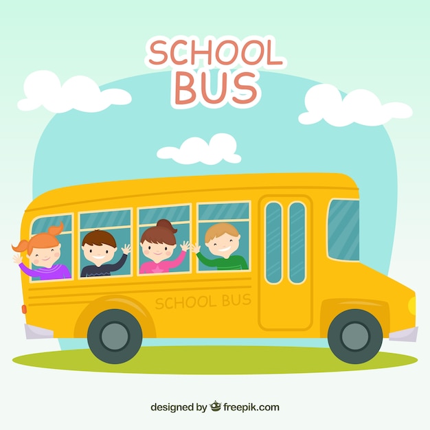 Vector gratuito autobús escolar con niños con estilo de dibujos animados