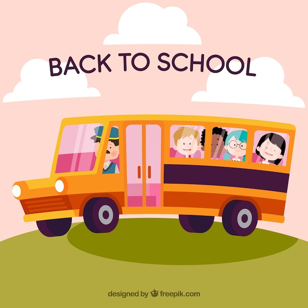 Vector gratuito autobús escolar con niños con estilo de dibujos animados