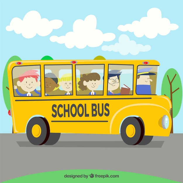 Autobús escolar con niños con estilo de dibujos animados