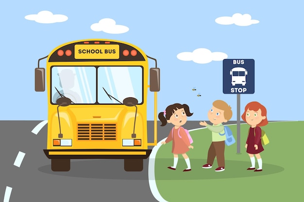Vector gratuito autobús escolar con niños yendo a clases escolares