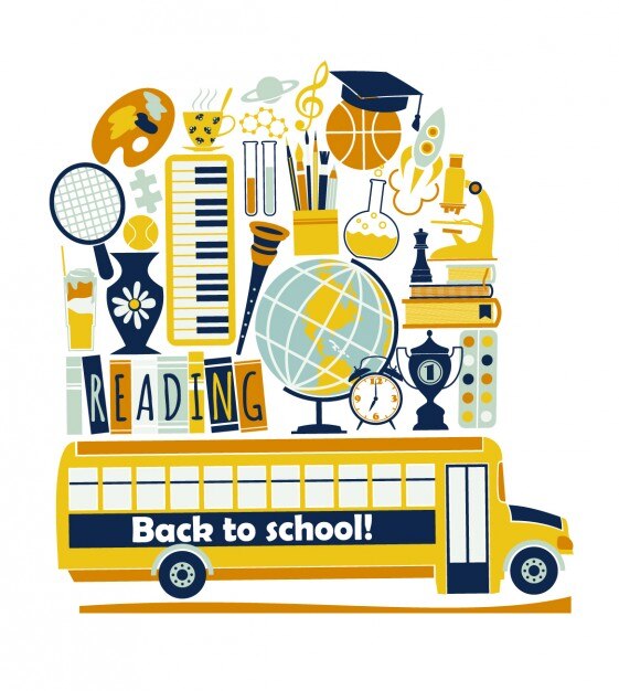 Autobús y suministros de la escuela de ilustración