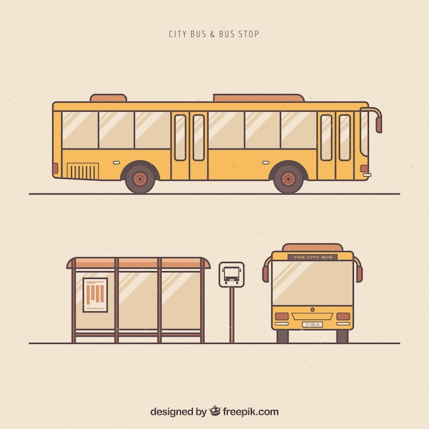 Autobús urbano y parada de autobús dibujado a mano
