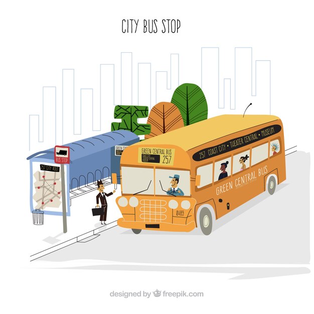 Autobús urbano y parada de autobús dibujado a mano