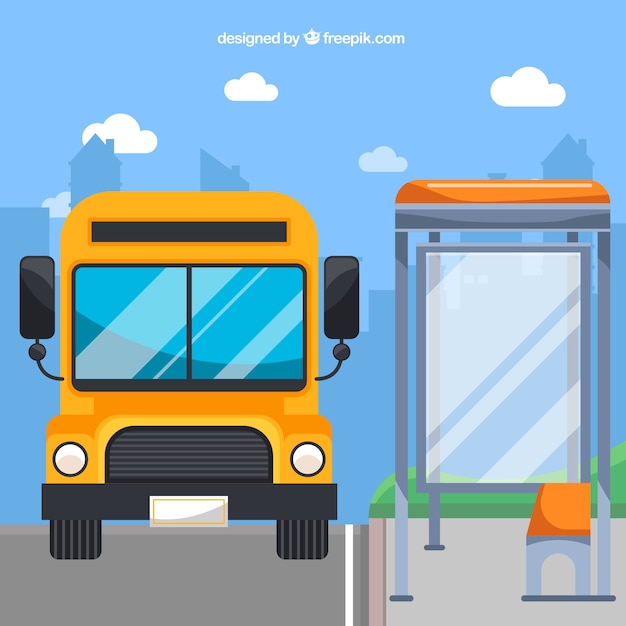 Autobús urbano y parada de autobús con diseño plano