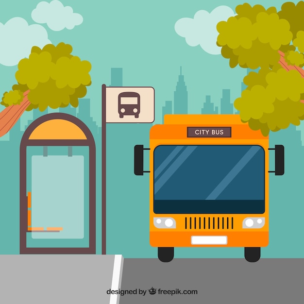 Autobús urbano y parada de autobús con diseño plano