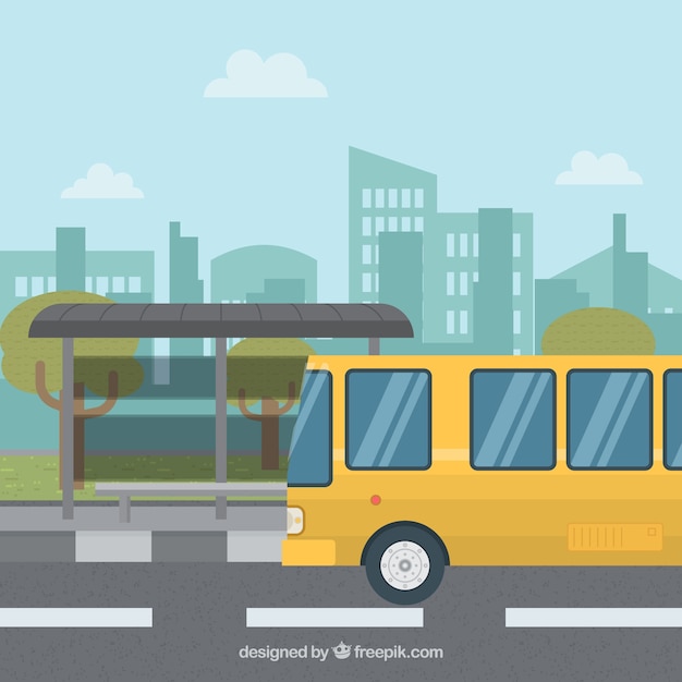 Autobús urbano y parada de autobús con diseño plano