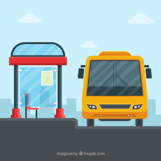 Autobús urbano y parada de autobús con diseño plano