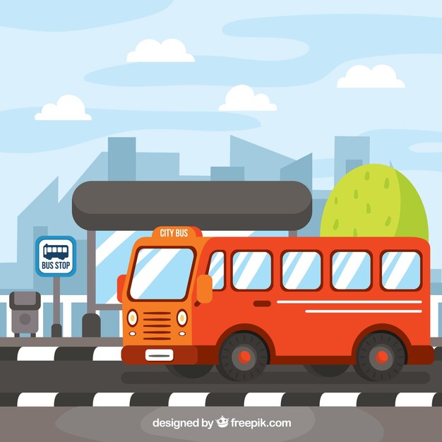 Autobús urbano y parada de autobús con diseño plano