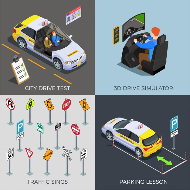 Autoescuela con composiciones de señales de tráfico simuladores de conducción coches ilustración