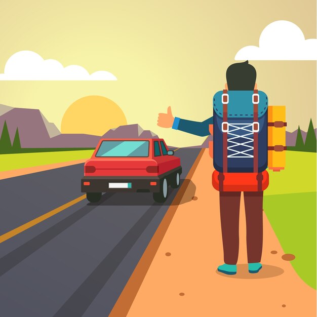 Autoestop de viaje por carretera. Pulgar, hombre, parado, coche
