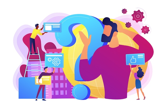 Autogestión, coaching de vida. Hombre dudando, cuestionando, intercambiando ideas. Crisis de identidad, delirio y confusión mental, concepto de sentimientos confusos.