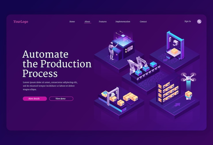 Vector gratuito automatizar el banner del proceso de producción. tecnologías de innovación en fabricación, trabajos de automatización en línea de montaje industrial. página de inicio con cinta transportadora isométrica, robot, dron y cajas