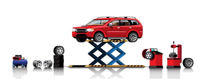 Vector gratuito automóvil en polipasto para servicio de reparación y mantenimiento