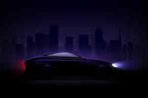Vector gratuito automóvil sedán de lujo aligerado contra la ciudad de noche con faros y luces traseras encendidas