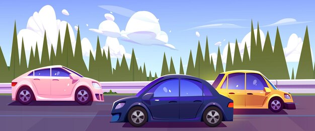 Automóviles que conducen por la autopista a lo largo del bosque Ilustración de dibujos animados vectoriales de automóviles modernos que se mueven por la carretera en un día soleado con abetos y un cielo azul de fondo Viajes de verano en vacaciones Transporte suburbano